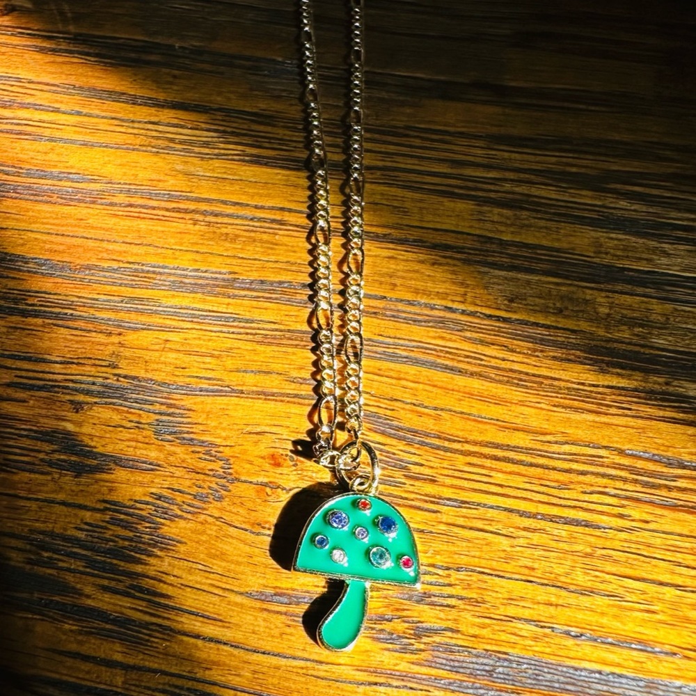 Green mushroom charm necklace with chain